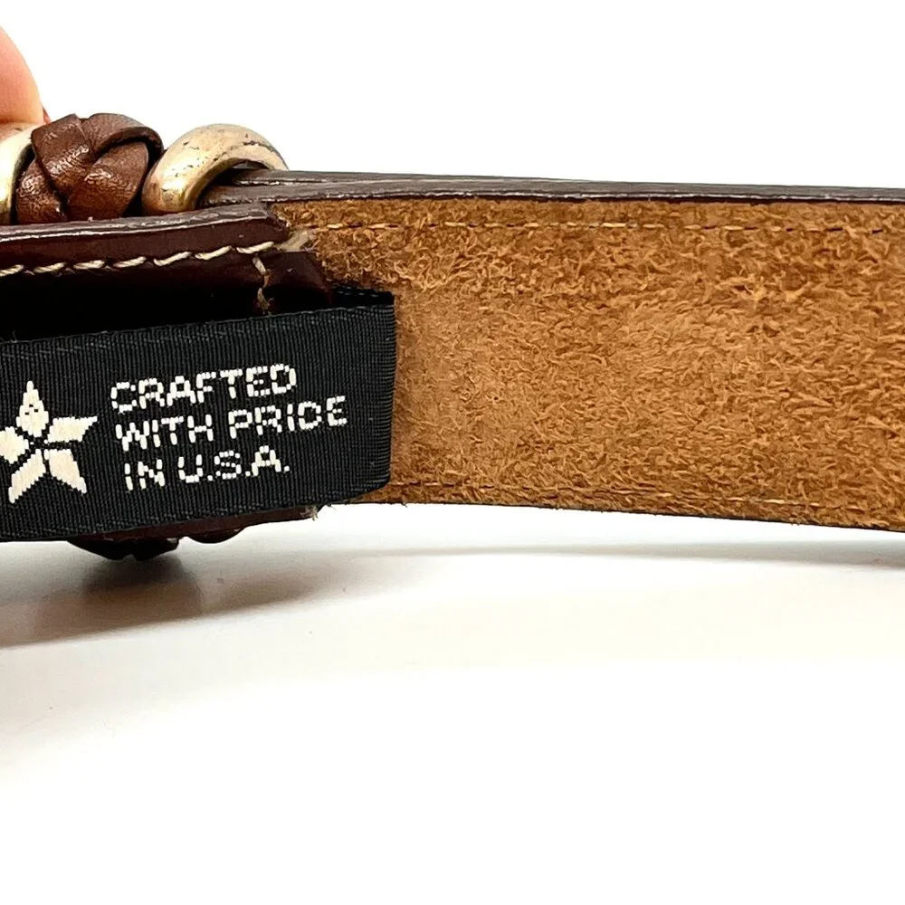 VINTAGE BRIGHTON Belt Brown Leather Silver Tone Buckle Braided Keeper SMALL